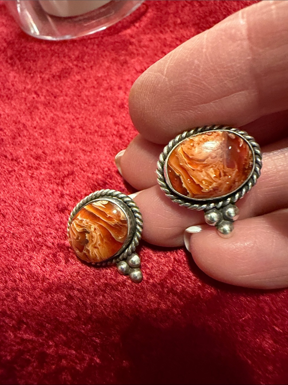 Sterling Silver Orange Cabochon Stud Earrings with Rope Detail